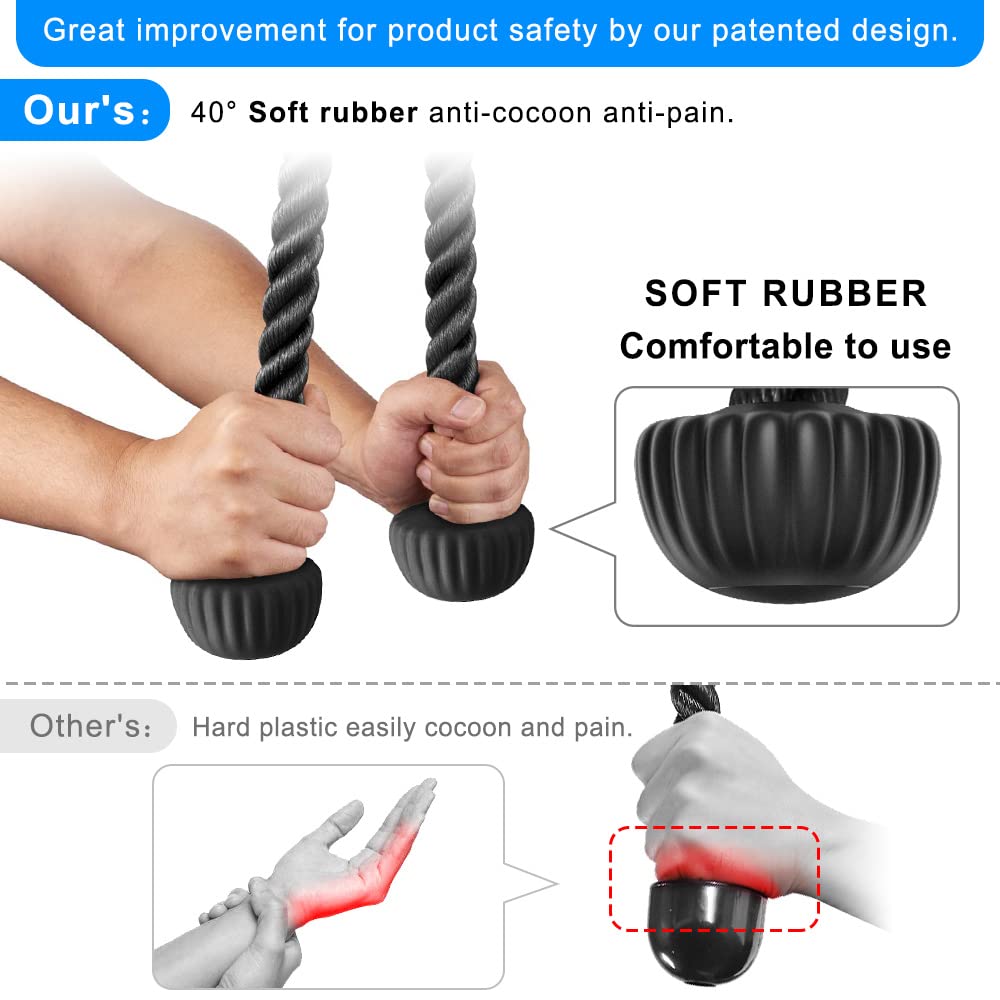 Kipika Set of 2 Tricep Rope, 28 & 36 Inch, Cable Machine Attachments Pulley System Gym Pull Down Rope, Heavy Duty Nylon Rope with Soft Rubber Ends, Black