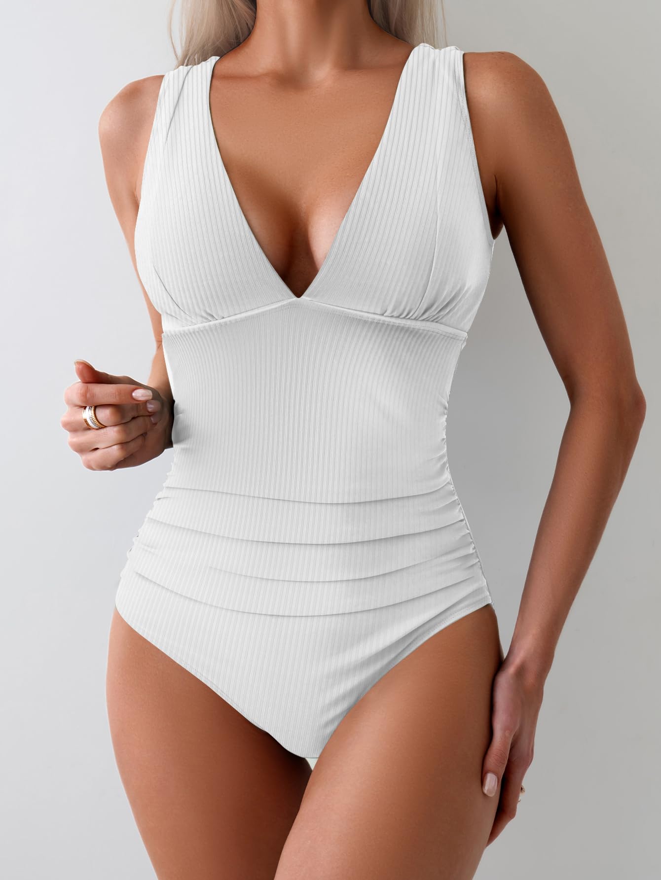 Eomenie One Piece Swimsuit for Women Tummy Control Plunge V Neck Bathing Suit Slimming Wide Straps Swimwear