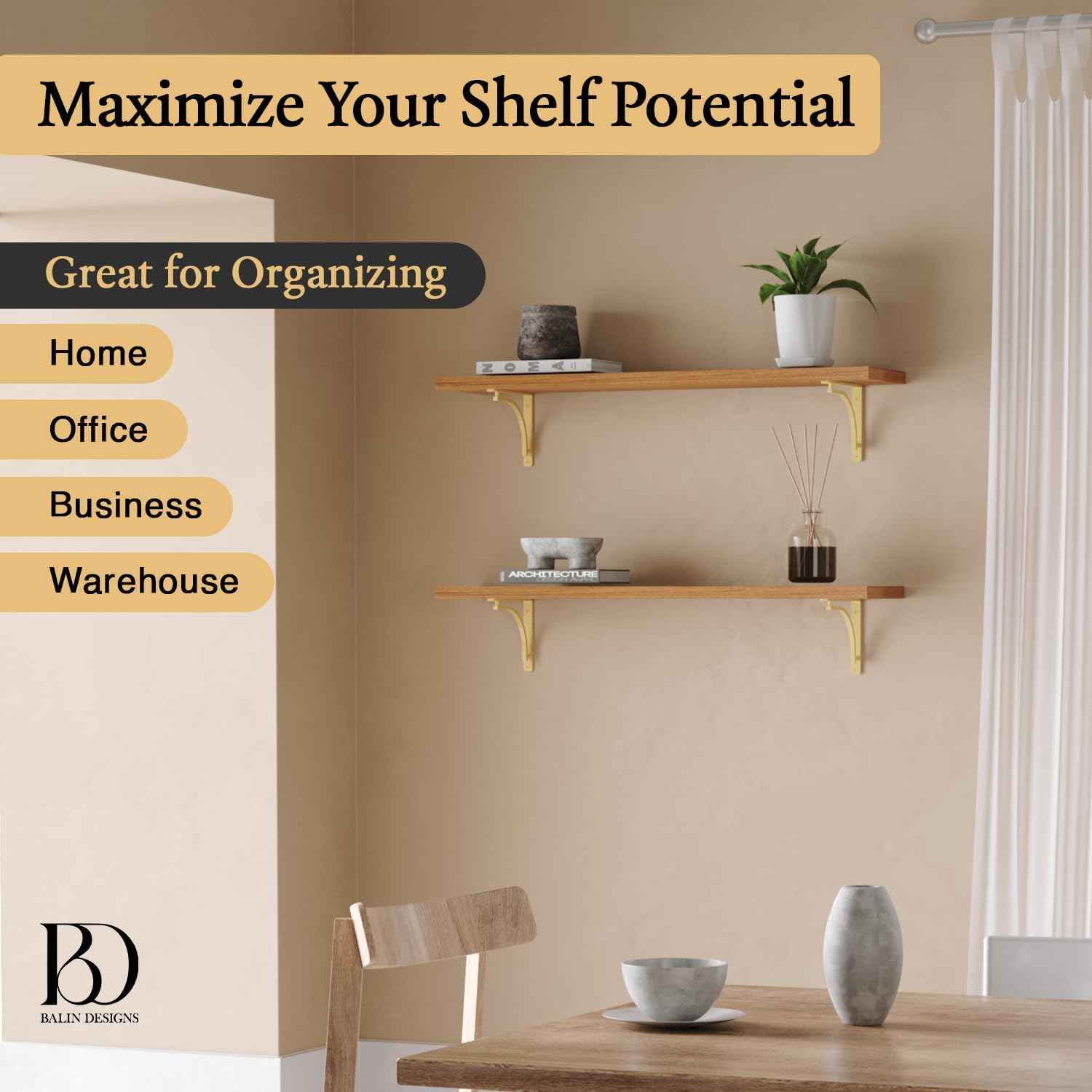 Heavy Duty 8-Inch Black Shelf Brackets - Wall Mounted L Bracket Set of 4 with Hardware