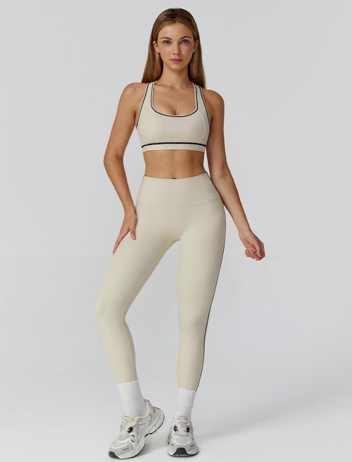 ABOCIW Workout Sets for Women Contrast trim Sports Bra Racerback Sports Bra High Waist Leggings Gym Sets 2 Piece Yoga Pilates Outfits Athletic Work Out Clothes Beige X-Large