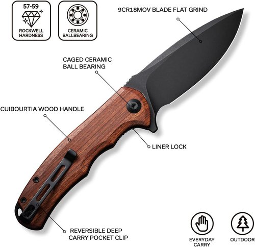 CIVIVI Folding Pocket Knife - Praxis Flipper with 3.75" Black Stonewashed Blade & Cuibourtia Wood Handles | Reversible Clip for EDC
