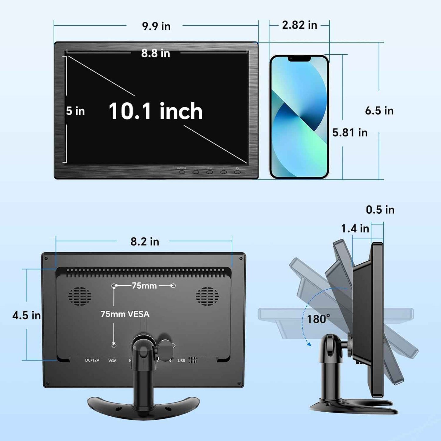 10.1 Inch Eyoyo Security Monitor - 1366x768 HDMI VGA AV BNC USB, Built-in Speakers for CCTV & PC