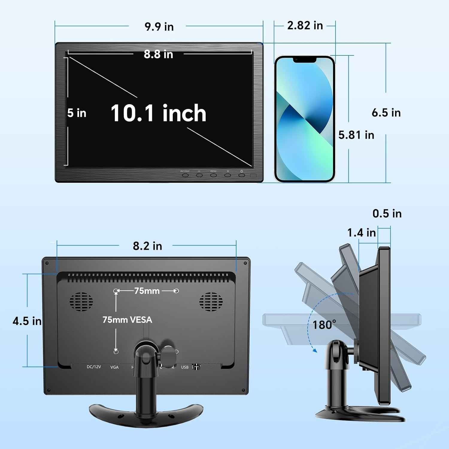 10.1 Inch Eyoyo Security Monitor - 1366x768 HDMI VGA AV BNC USB, Built-in Speakers for CCTV & PC