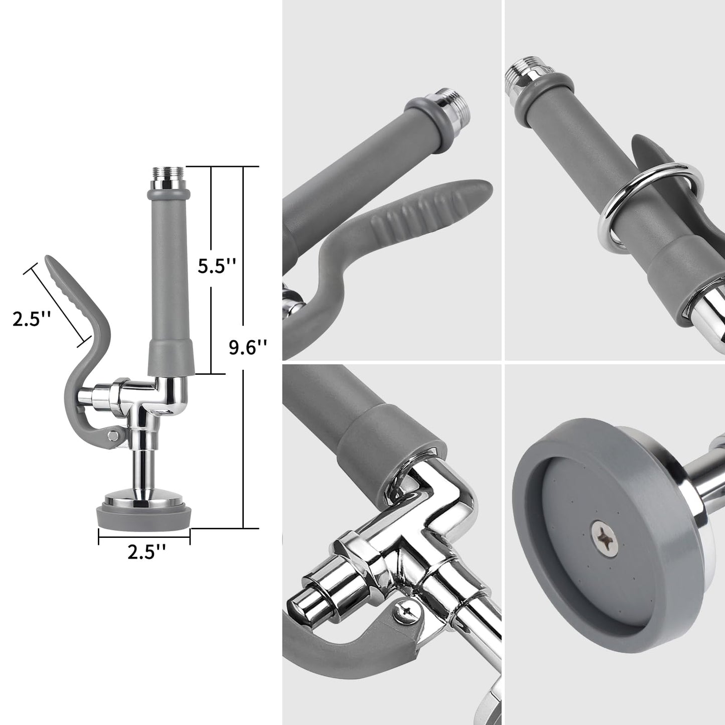 Pre Rinse Spray Valve with 60'' Stainless Hose Commercial Sink Faucet with Sprayer Nozzle Head with Flexible Hose Replacement Kit for Dishwasher Restaurant Wall Mount Kitchen Industrial- Gray