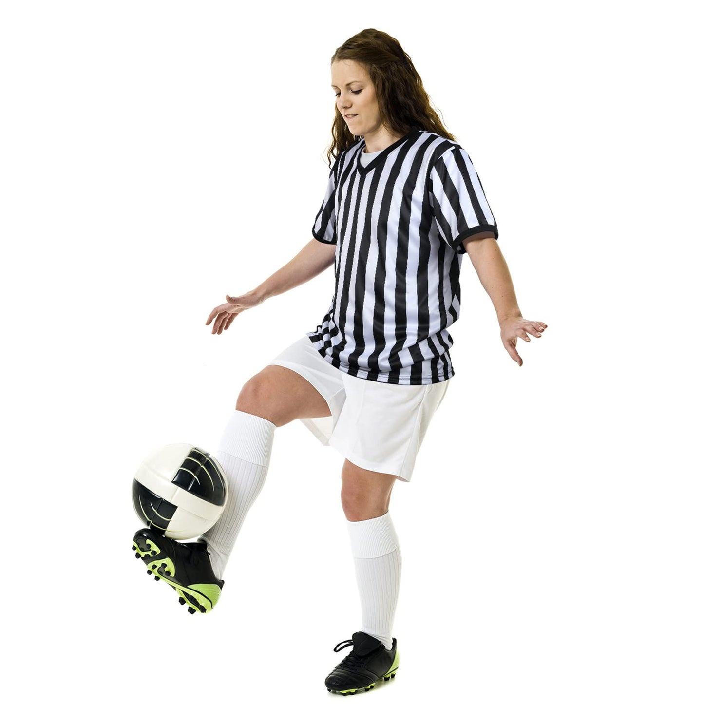 SATINIOR Referee Shirt Official Uniform Black and White Stripe V-Neck Soccer Jersey for Women Men Referee Shirt and Stainless Steel Whistle with Lanyard for Halloween Basketball Football Soccer(XXXL)