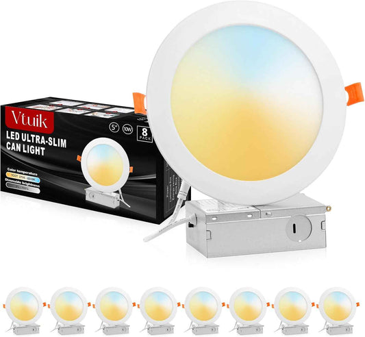 10W Dimmable 5-Inch LED Recessed Ceiling Light - Ultra Thin Canless Downlight, 800LM, 7CCT, Damp-Rated for Kitchen & Bathroom, 8 Pack