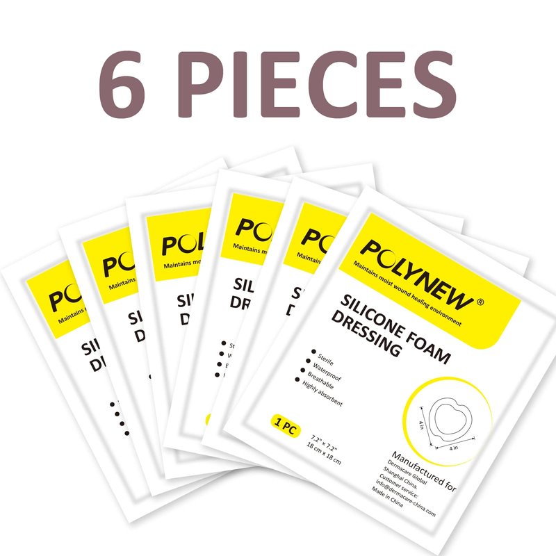 POLYNEW Sacrum Silicone Foam Sacral Pad with Adhesive Border 7.2"x7.2", 6 Individual Package for Large Wound Care, Bedsore, Pressure Sore