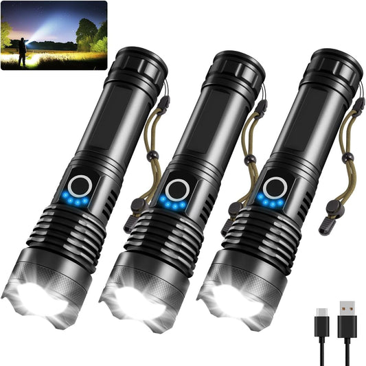 Rechargeable High Lumens Flashlight 3-Pack - Super Bright LED Tactical Lights for Camping & Emergencies