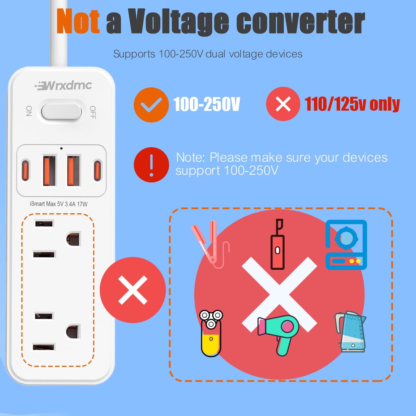 European Travel Plug Adapter, WRXDMC Universal Power Adapter for EU UK DE JP,6 AC Outlets, 4 USB Ports with 5ft Extension Cord, International Power Strip, Compact for Travel, Cruise Ship Must Have