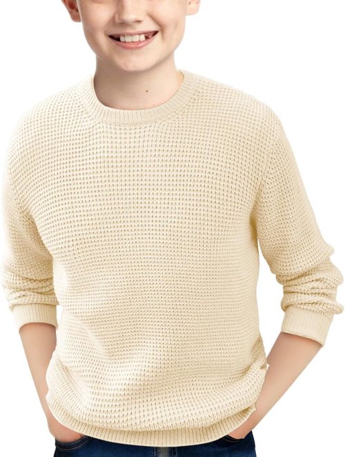 Haloumoning Boys Casual Pullover Sweater - Chunky Crewneck Waffle Knit Jumper for Ages 4-14