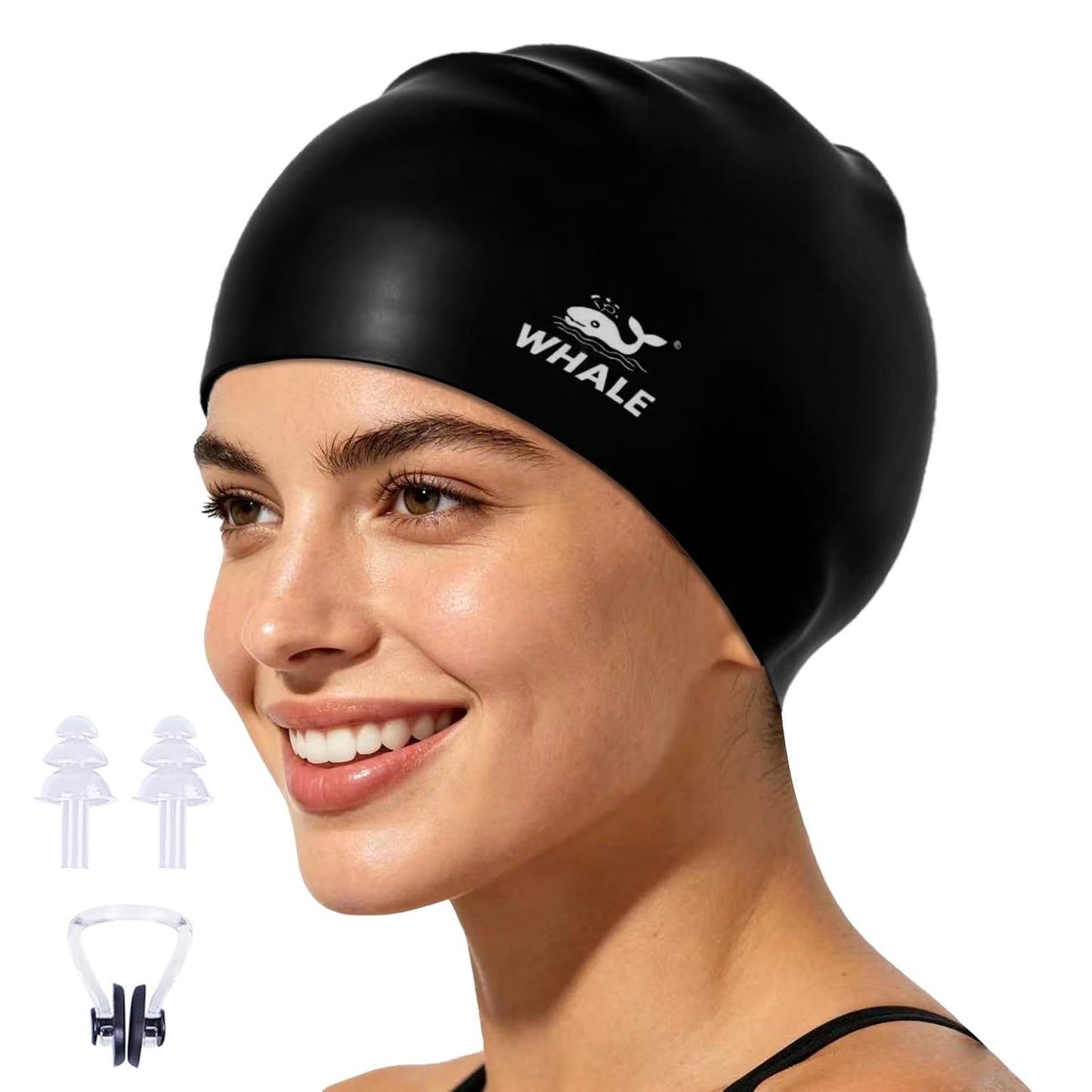 WHALE Extra Large Swim Cap for Women Men Non-Slip, High Elasticity Keeps Hair Dry Unisex Large Size Suitable for Long Hair, Curly Hair and African Dreadlocks (Black)