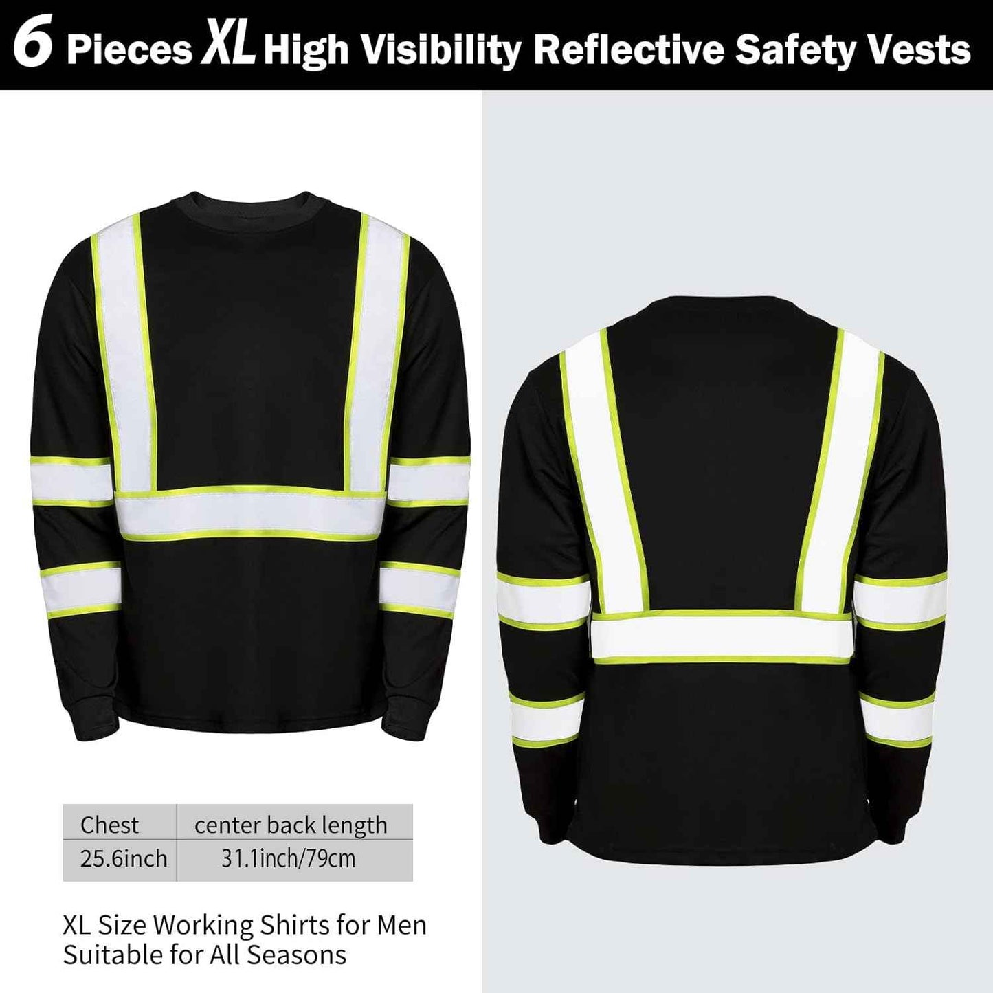 High Visibility Class 3 Safety T-Shirt - 6 Pack Long Sleeve Reflective Work Shirts for Construction & Surveying