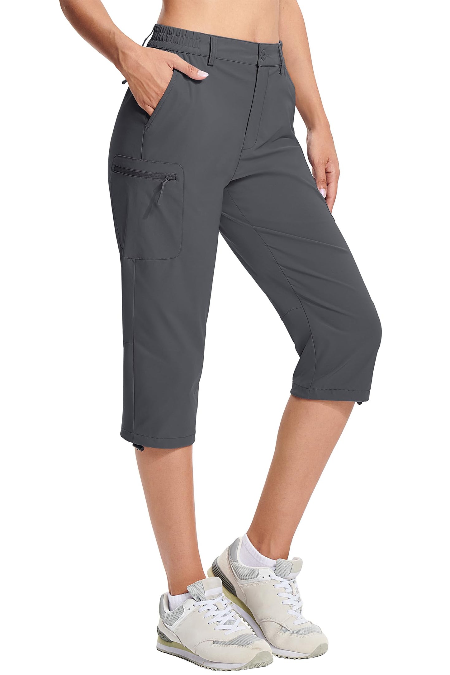 MAGCOMSEN Women's Cargo Capri Hiking Pants with Pockets Comfy Breathable Water Resistant Joggers, Dark Grey, L