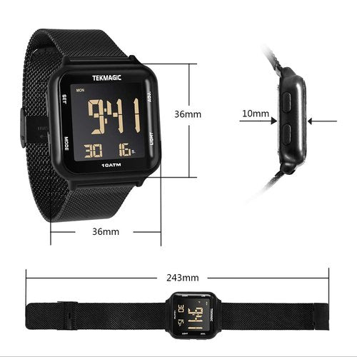TEKMAGIC 100m Waterproof Luminous Scuba Diving Watch with Stainless Steel Watch Strap, Support Stopwatch, Alarm Clock and Backlight Functions, Dual Time Display, 12/24 Hour Format