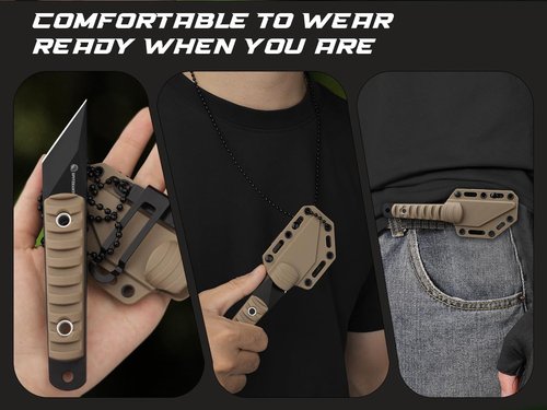 SPITZKANTE 5.79" Mini Neck Knife, Kiridashi Style Full Tang Fixed Blade EDC Knife with Khaki ABS Handle, 5Cr14MoV Steel, Sheath and Necklace, Outdoor Camping Hiking Fishing Survival Everyday Carry