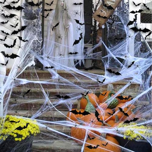 Halloween Spider Web Decorations - 1600 sqft with 100 Fake Spiders & 60 Bats