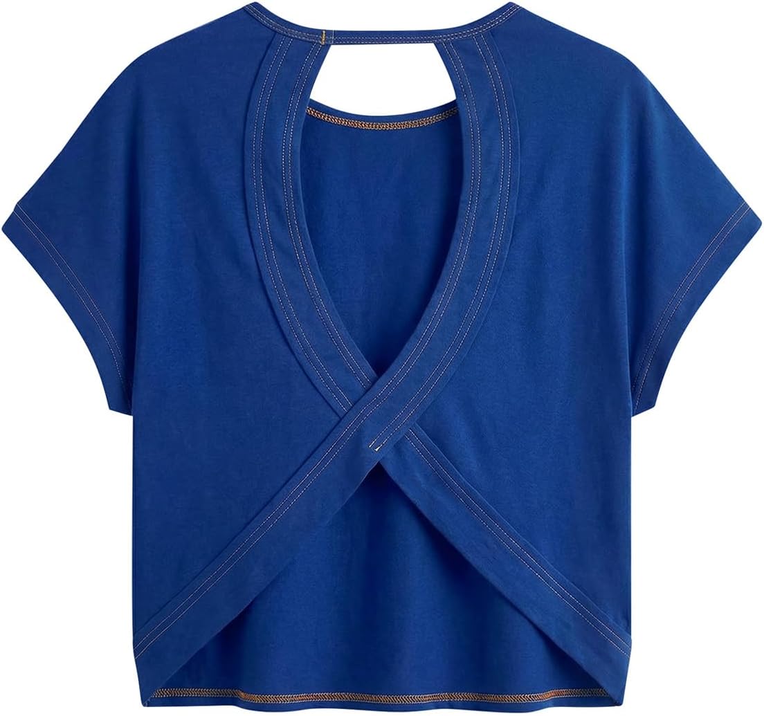 RoseSeek Women's Open Back Criss Cross Tee - Short Sleeve Summer Top | 3 Pack, Stylish & Comfortable
