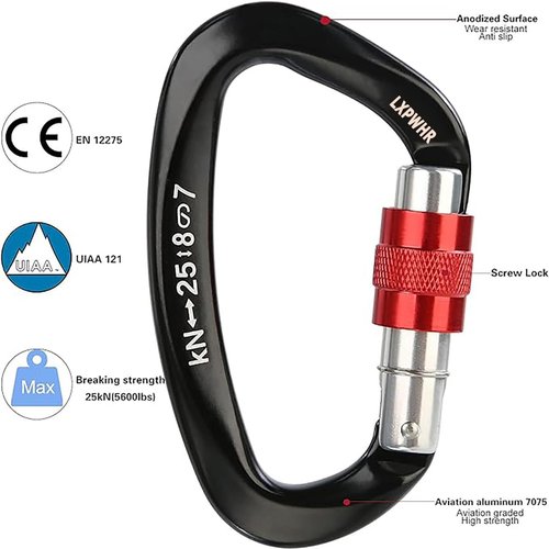 LXPWHR D Shape Carabiner 25KN Heavy Duty Climbing Mountaineer Expanding exploratory Caverns Connection Protection Locking Carabiner Clip Carabiner Screw Lock Hammock Camping Outdoor Equipment…