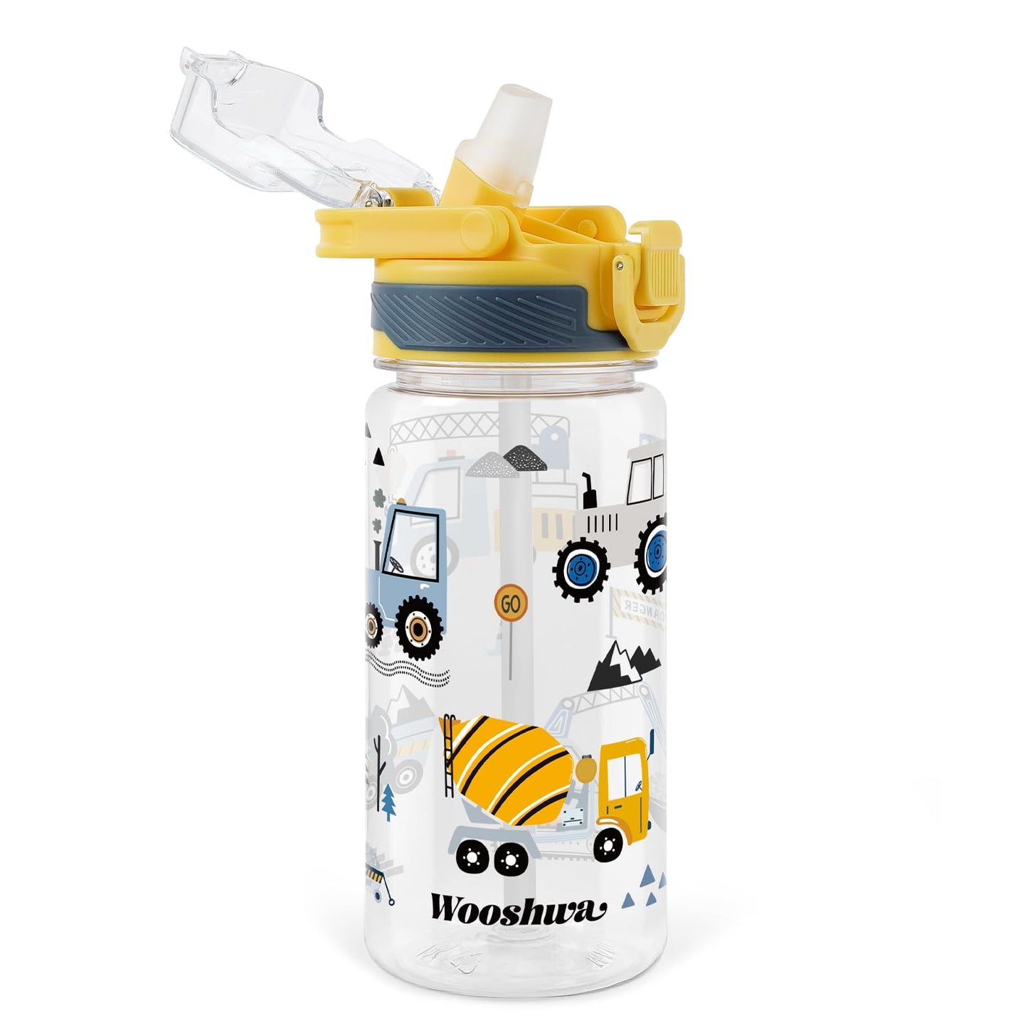 omedecal Kids Water Bottle for School, 16 Oz Plastic Straw Water Bottle with Silicone Spout and Leakproof Cover, Dishwasher Safe (Excavator)