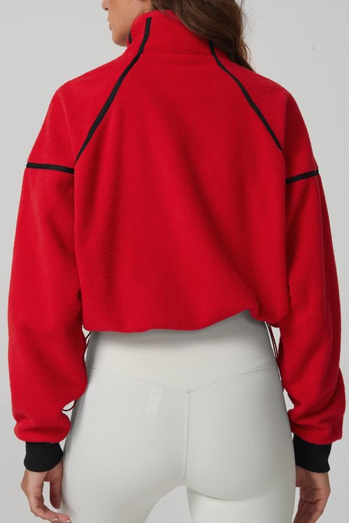 QINSEN Half Zip Fleece Pullover for Women Active Winter Warm Crop Sweater Drawstring Fit Top Red S