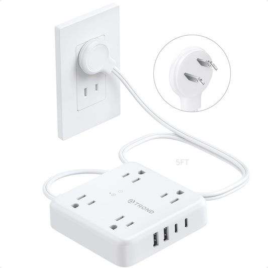 TROND 2 Prong Power Strip - 2 Prong to 3 Prong Outlet Adapter, Polarized Flat Plug, 4 AC & 4 USB, 5ft Extension Cord, Wall Mountable Surge Protector Outlet for Non-Ground Socket in Old House, White