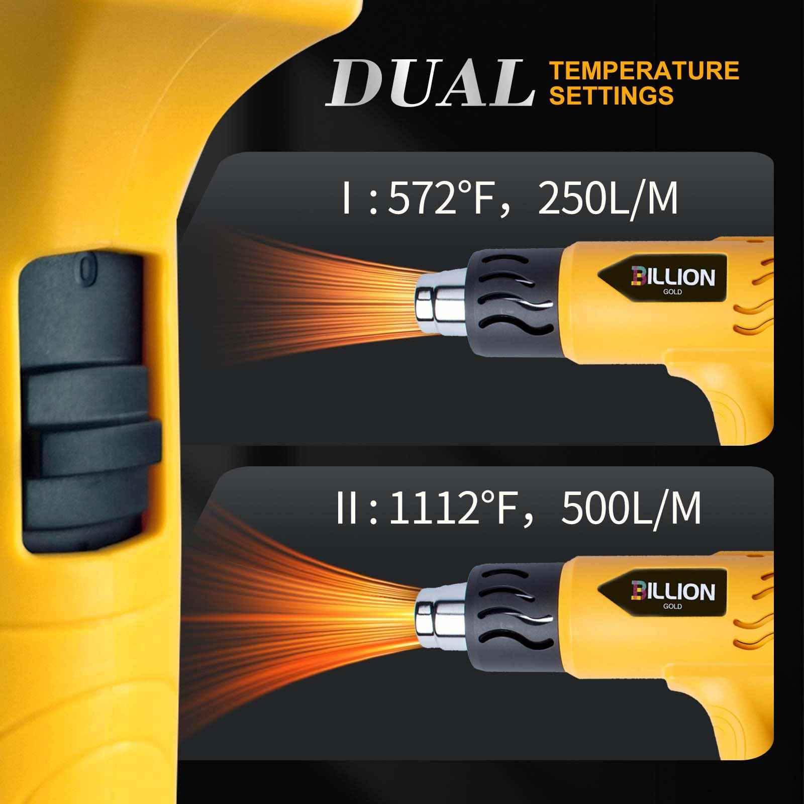 Heat Gun, BILLION GOLD 1800W Hot Air Gun 752℉-1112℉ with 2 Temperature Setting, Heat Gun for Crafting, Shrink Tubing, Paint Removing - 2 Nozzles