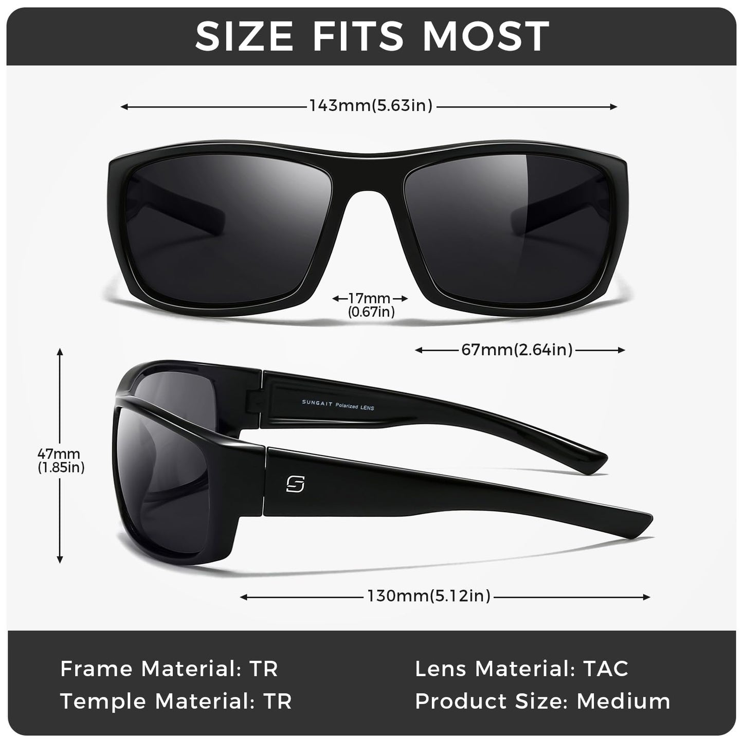 SUNGAIT Wrap Around Polarized Sport Sunglasses for Men Womens Lightweight Rectangle Cycling Running (Bright Black Frame/Grey Lens)