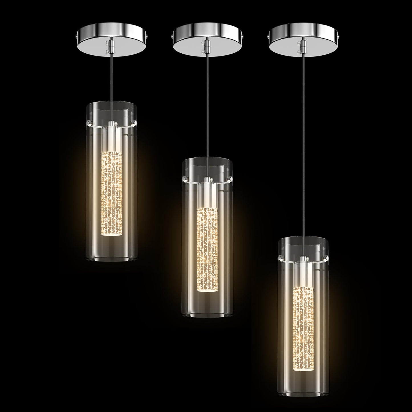 Aipsun Pendant Lights Kitchen Island 3 Pack Crystal Bubble Glass Hanging Light Fixtures 3000K Modern LED Kitchen Pendant Lighting Fixtures Ceiling