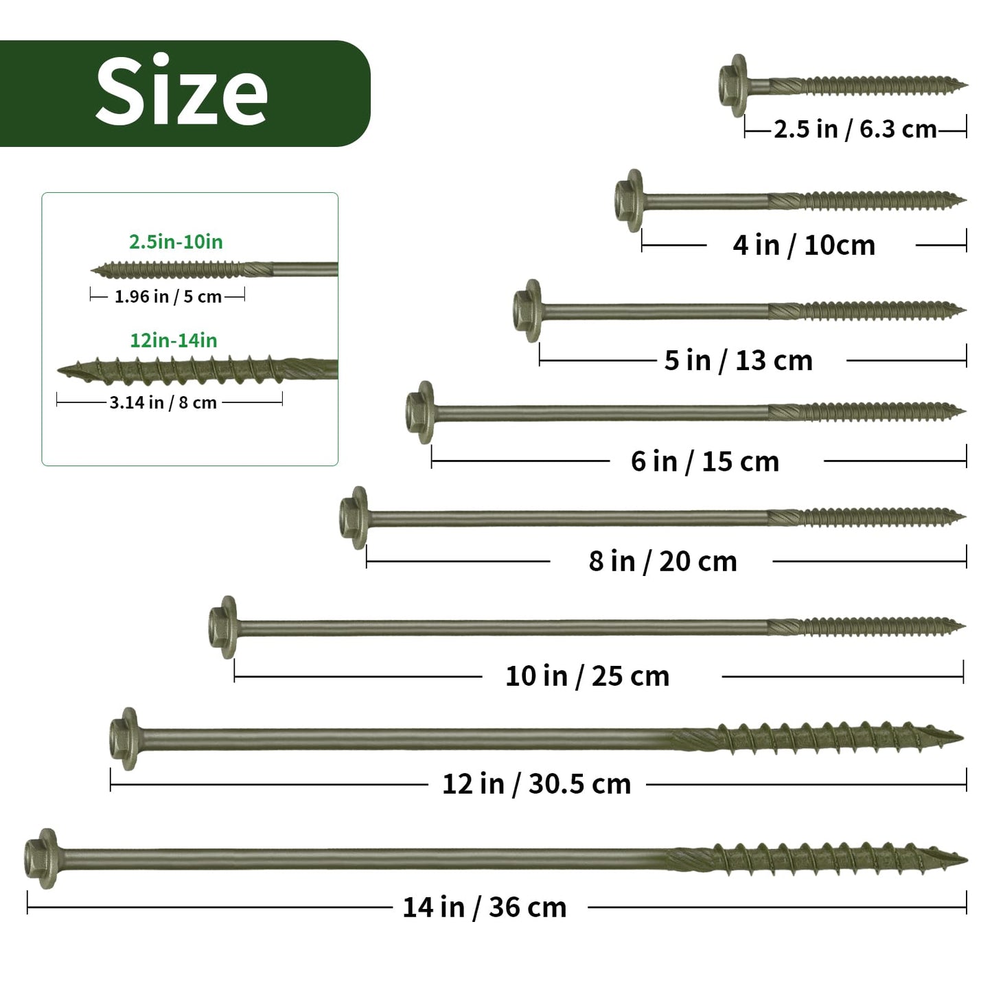 5/16 x 12 inch Long Timber Screws,Heavy Duty Exterior Lag Bolts with Hex Head, Structural Wood Screws for Deck, Fence, Landscape & Gazebo,Rust-Resistant Green Coated, Sample Pack 6pcs
