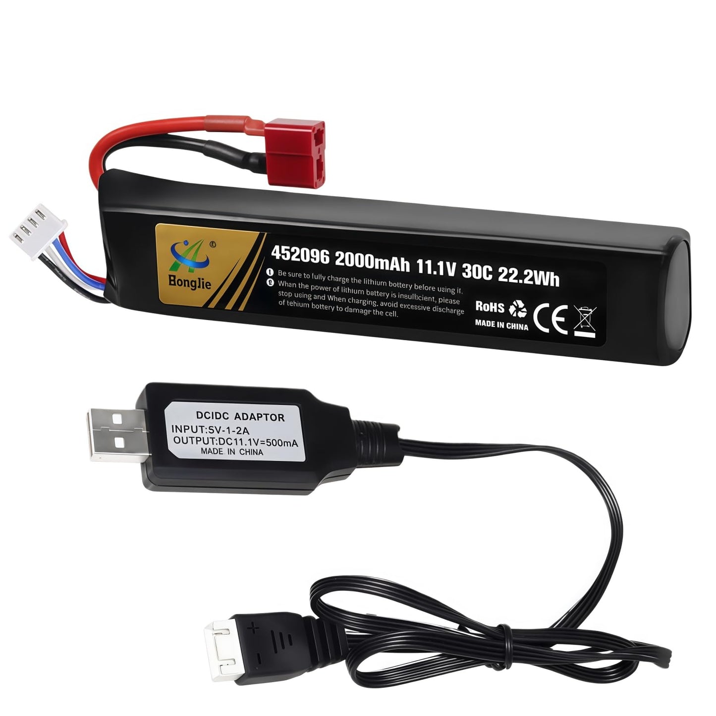 Itexkun 11.1V Airsoft Battery 2000mAh 30C Rechargeable Li-Po T Plug 452096 for Most Airsoft Model Guns Gel Water Bead Blaster with USB Cable (3S 452096)