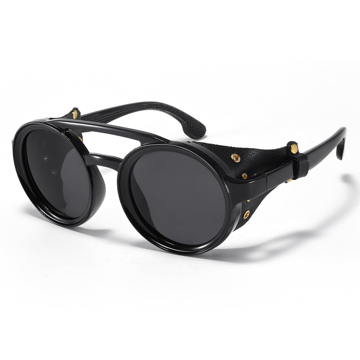 Plinvo Polarized Round Steampunk Sunglasses with Leather Side Double Bridge UV400 Protection Retro Eyewear for Men Women (Black)