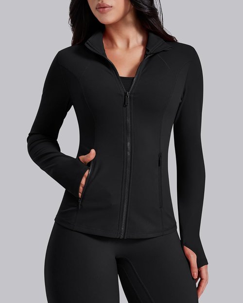 AVGO Women's Lightweight Athletic Workout Jacket - Slim Fit Zip-Up with Pockets & Thumb Holes