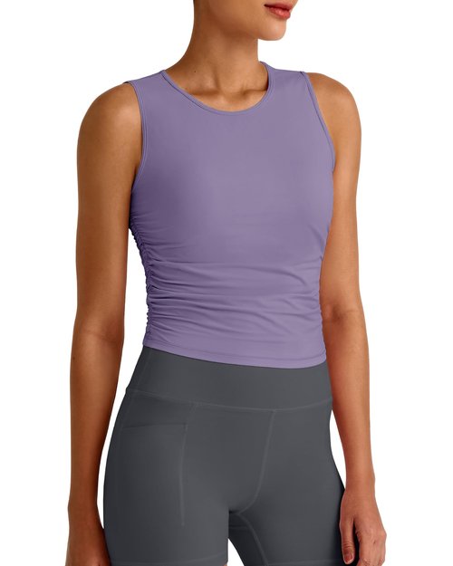 G4Free Athletic Tops for Women Slim Sleeveless High Neck Workout Crop Tanks Soft Running Shirt Gym Activewear (Gray Purple,S)