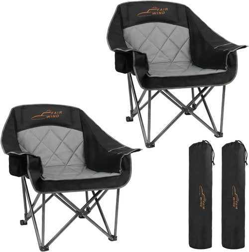 Fair Wind Oversized Padded Camping Chair - Heavy Duty Quad Fold Arm Chair, Supports 500LBS, Black - 2 Pack
