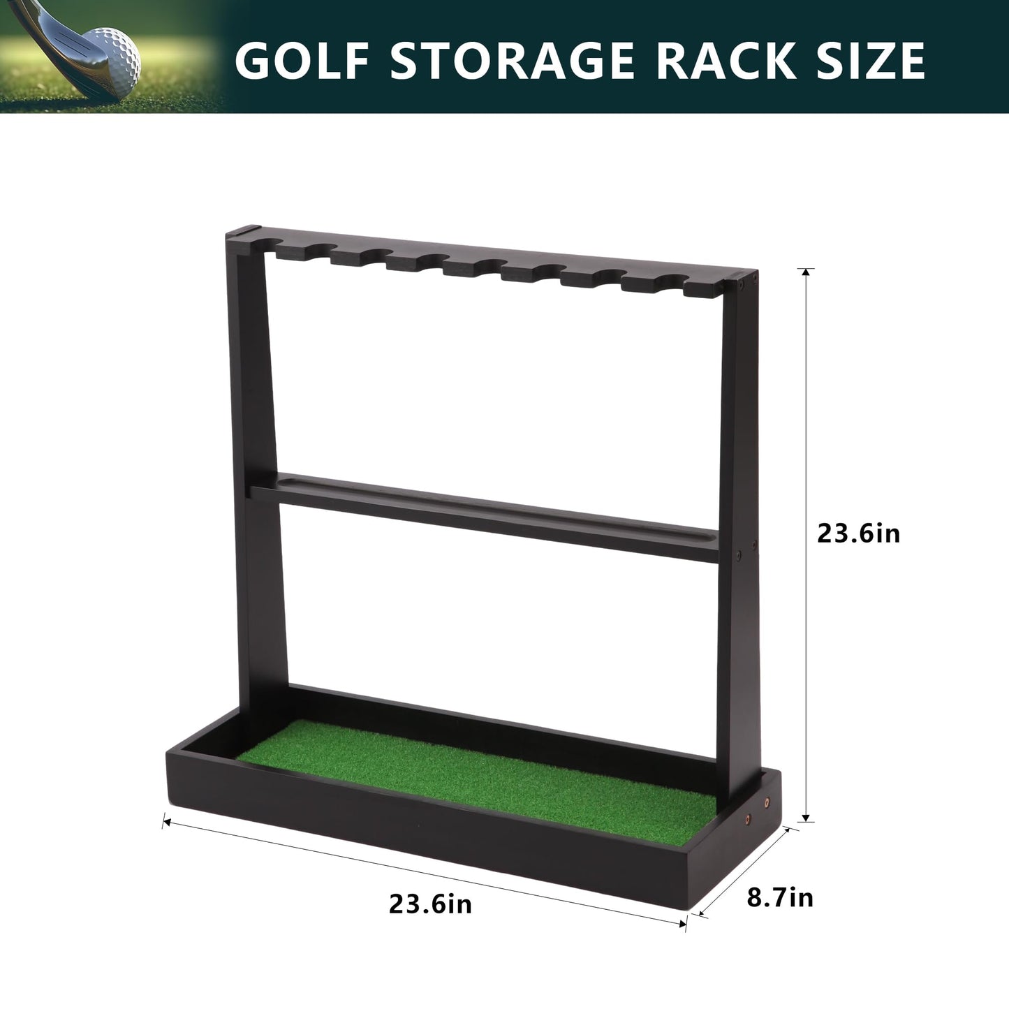 Xnwouco Golf Putter Stand, Golf Club Holder Stand Floor Display Rack - Holds 8 Clubs & 12 Balls with Artificial Grass Base, Wood Outdoor Golf Club Organizer for Indoor, Home, Office, Golf Club, Black