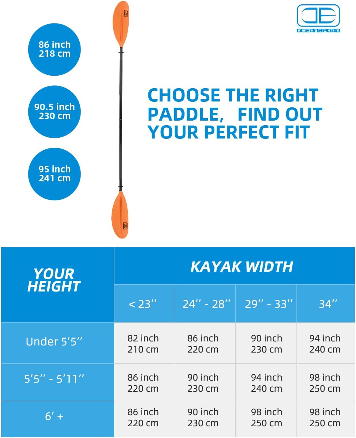 OCEANBROAD Kayak Paddle - Lightweight Alloy Shaft | Available in 86in, 90.5in, 95in Lengths