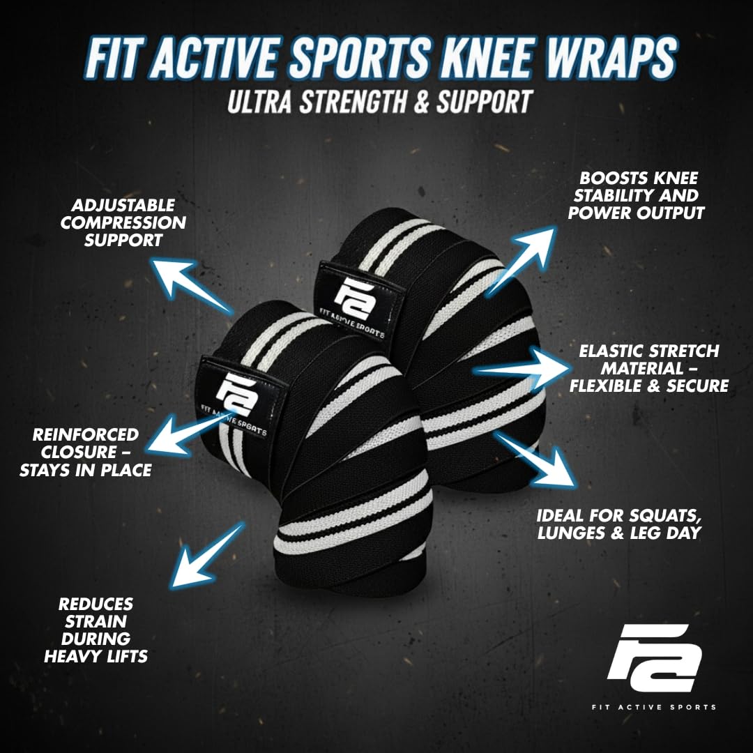 Fit Active Sports Knee Wraps for Weightlifting – 72” Elastic Knee Support Straps with Non-Slip Hook & Loop Closure – Knee Protection for Squats, Powerlifting, Cross Training – 1 Pair