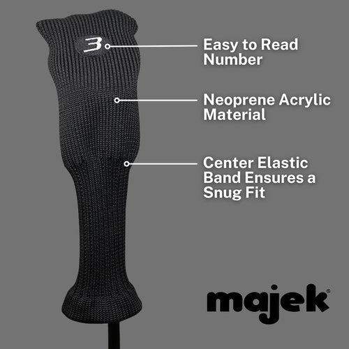Majek All Hybrid Golf Club Black Sleek Tight Fit Headcover Set 3-SW Acrylic Head Covers 3 4 5 6 7 8 9 PW SW (Total of 9 Hybrid Head cover Set)