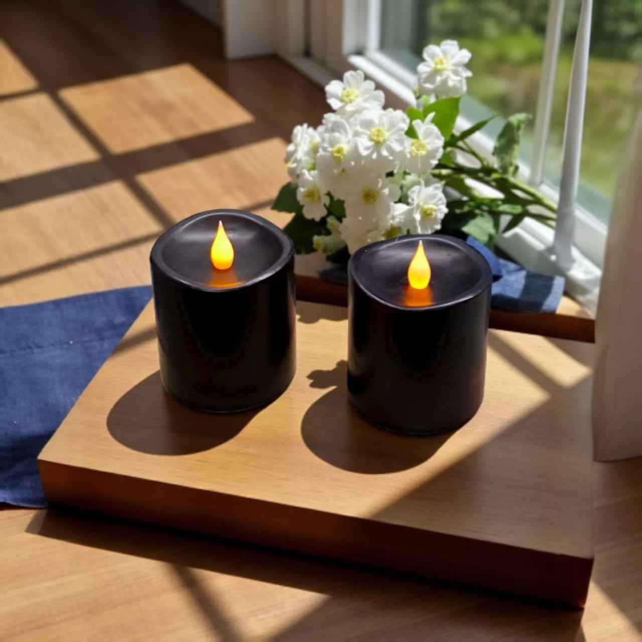 Black Flameless LED Candles 3 inch Diameter Real Wax 2AA Battery Operated 600hr+ Flickering Candles with Timer Remote Control for Halloween Thanksgiving Christmas Indoor (Black, 3″×3″- 2 PCS)