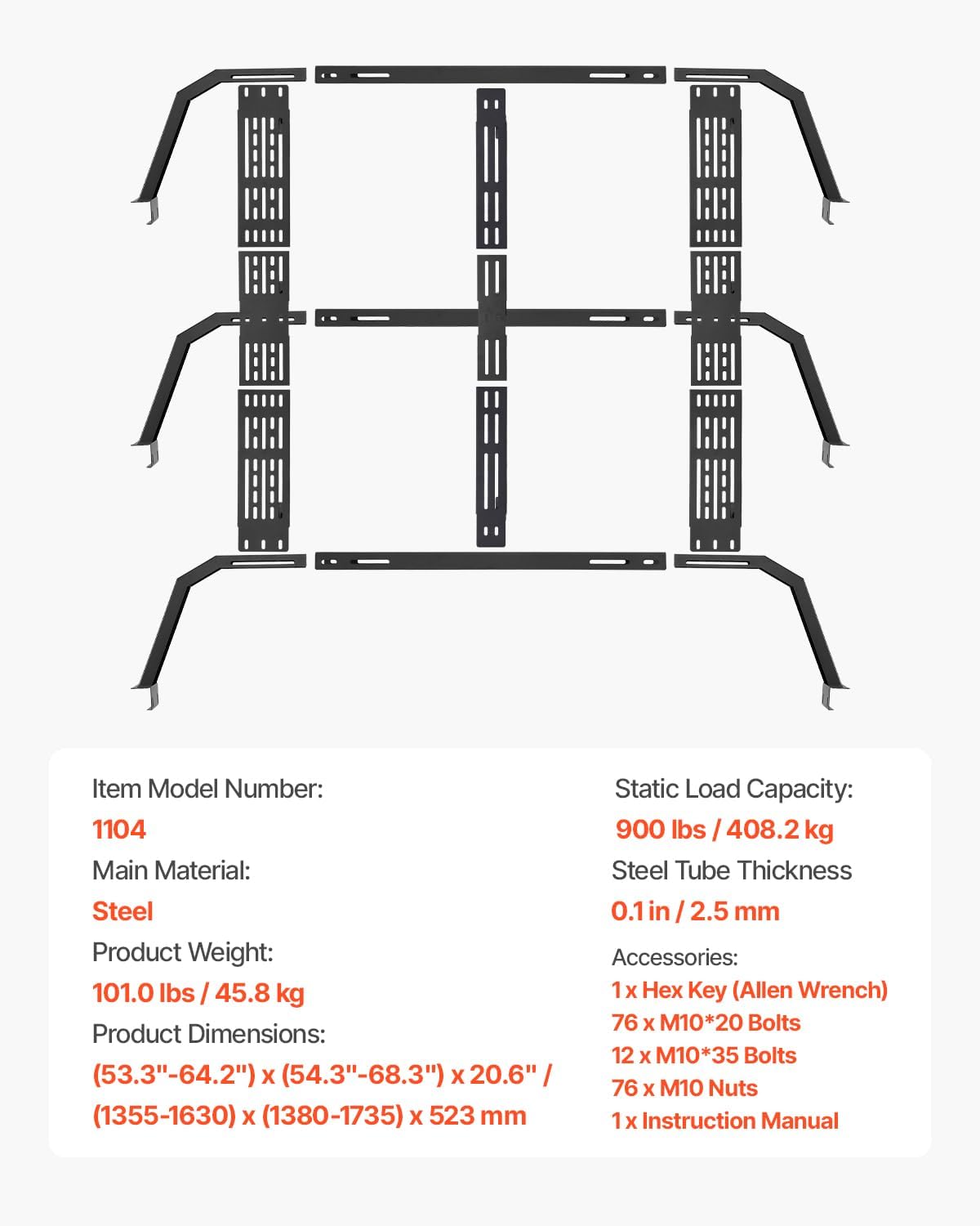VEVOR Overland Truck Bed Rack - Adjustable Cargo Rack with Sidebar | 54.3-68.3 in Width, 900 lbs Capacity