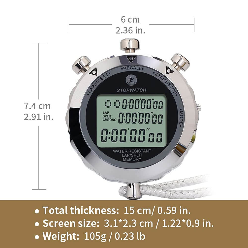 JUNSD Digital Stopwatch, Metal Stop Watch 10 Lap Memory Stopwatch Timer, Water Resistant Stopwatch for Sports, Competitions, Games