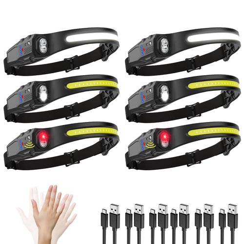 Headlamp Rechargeable 6Pack, 230° Wide Beam LED Headlamp, 7Mode Headlamps for Adults, Head Lamp with Motion Sensor, Red Light Head Lamps LED Rechargeable, Head Lights for Forehead Running Camping