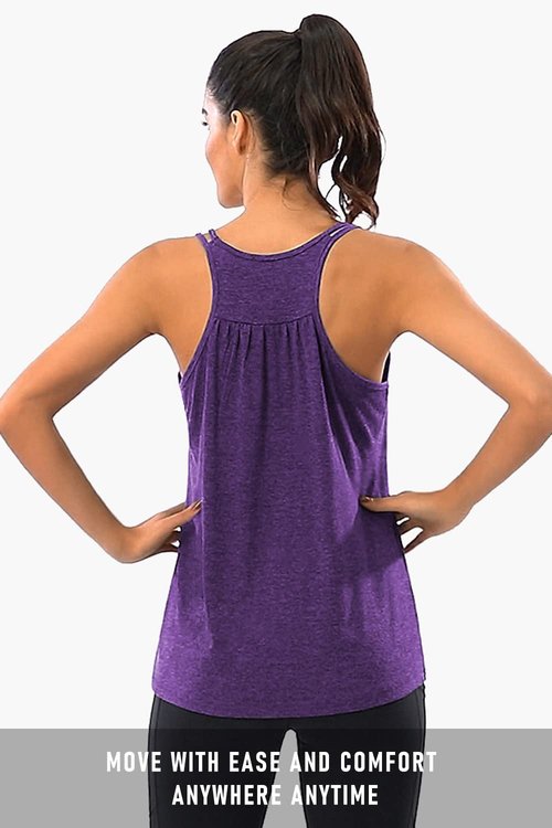 Hibelle Womens Sportswear, Ladies Sleeveless Summer Stretchy Yoga Tank Tops Sports Shirts Scoop Neck Flowy Curved Hem Trendy Pretty Front Ruched Tunic Racerback Workout Top Purple Small