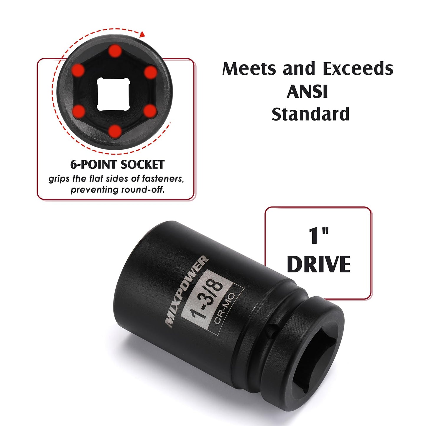 MIXPOWER 9PCS 1"Drive Impact Deep Socket Set, 6 Point, 1" - 2", CR-MO, SAE, Deep, 1" Dr. Deep Spindle Axle Nut Impact Socket Set