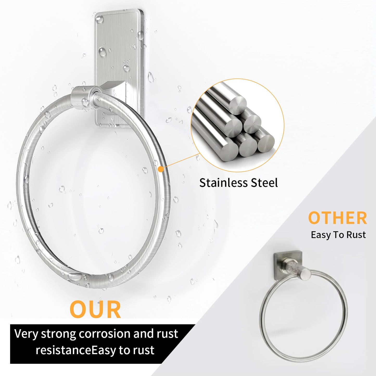 Towel Ring, SUS304 Hand Towel Holder for Bathroom，Adhesive Towel Holder Bathroom Towel Hanger for Bathroom, Kitchen, Brushed Nickel