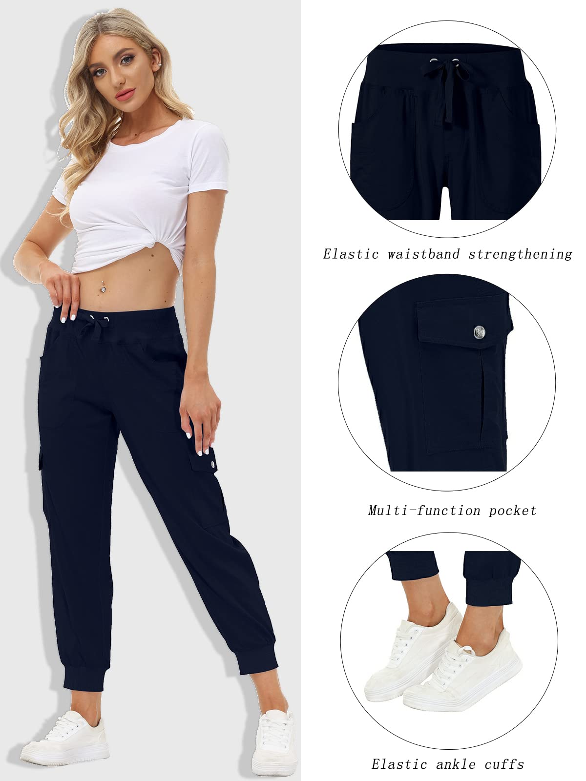 MoFiz Women Cargo Pants with Pockets Lightweight Outdoor Summer Travel Casual Hiking Pants Running Joggers Sweatpants Elastic Waist Navy 2XL