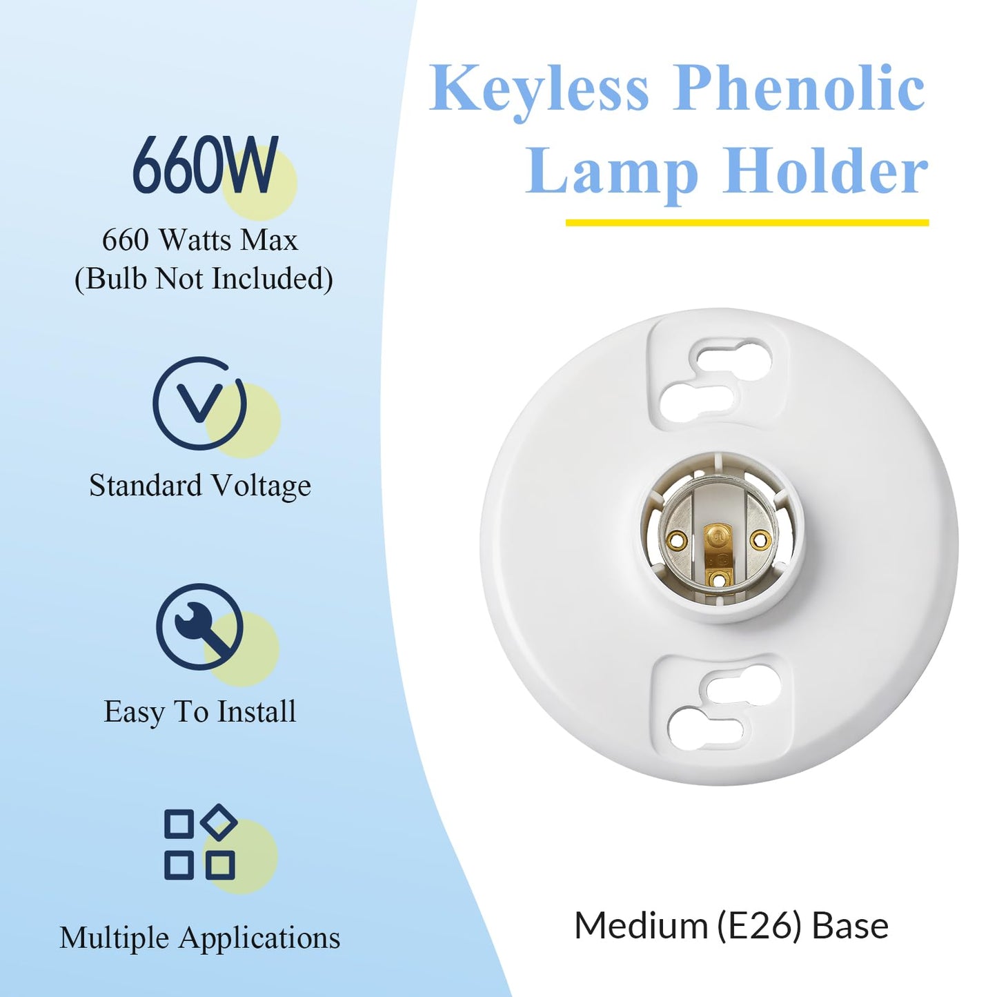Saysurey 2 Pcs Medium Base E26 Lampholder Ceiling Light Sockets White Phenolic Bulb Socket Incandescent Fluorescent CFL Lamp Holder 660w 250v (Keyless)