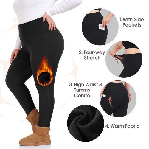 MOREFEEL Fleece Plus Size Leggings for Women with Pockets-Stretchy X-4XL Tummy Control High Waist Workout Warm Winter Yoga Pants
