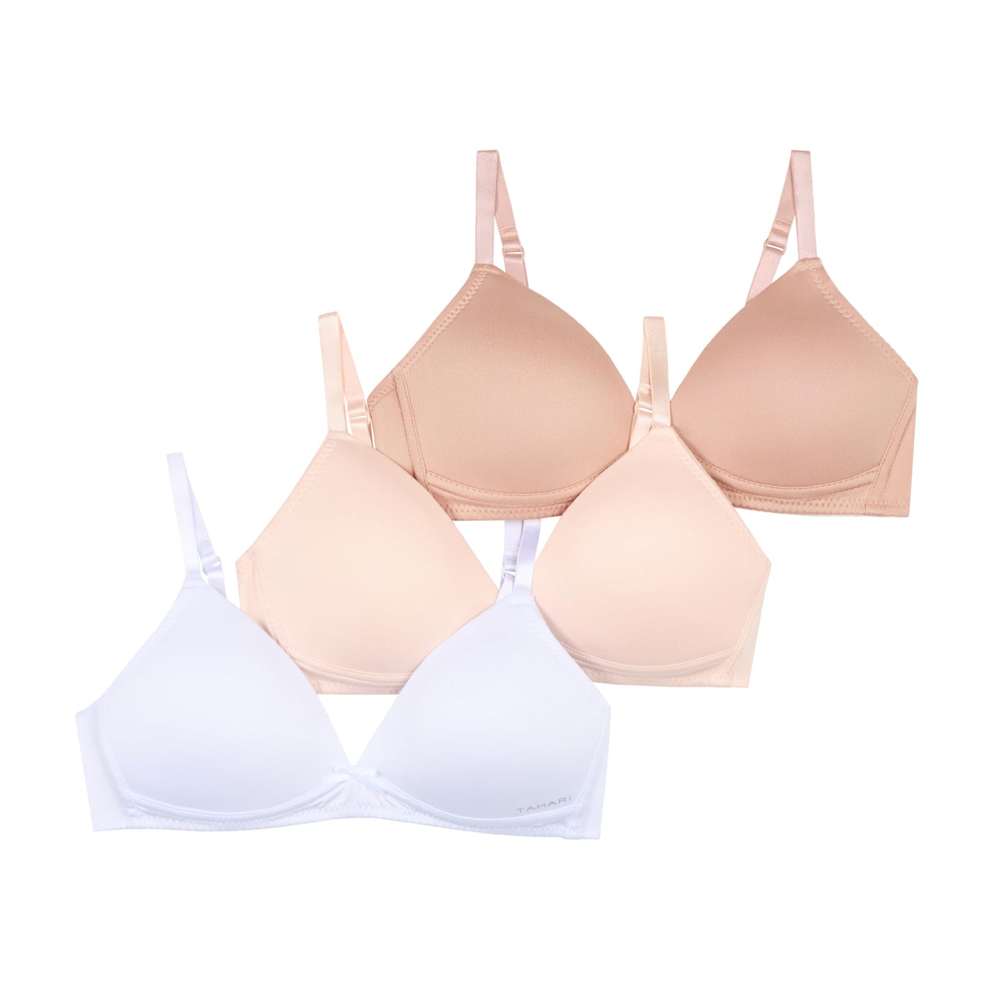 Tahari Girls 3-Pack Molded Wireless Bras Rose Nude, Bare Nude, White, 34A