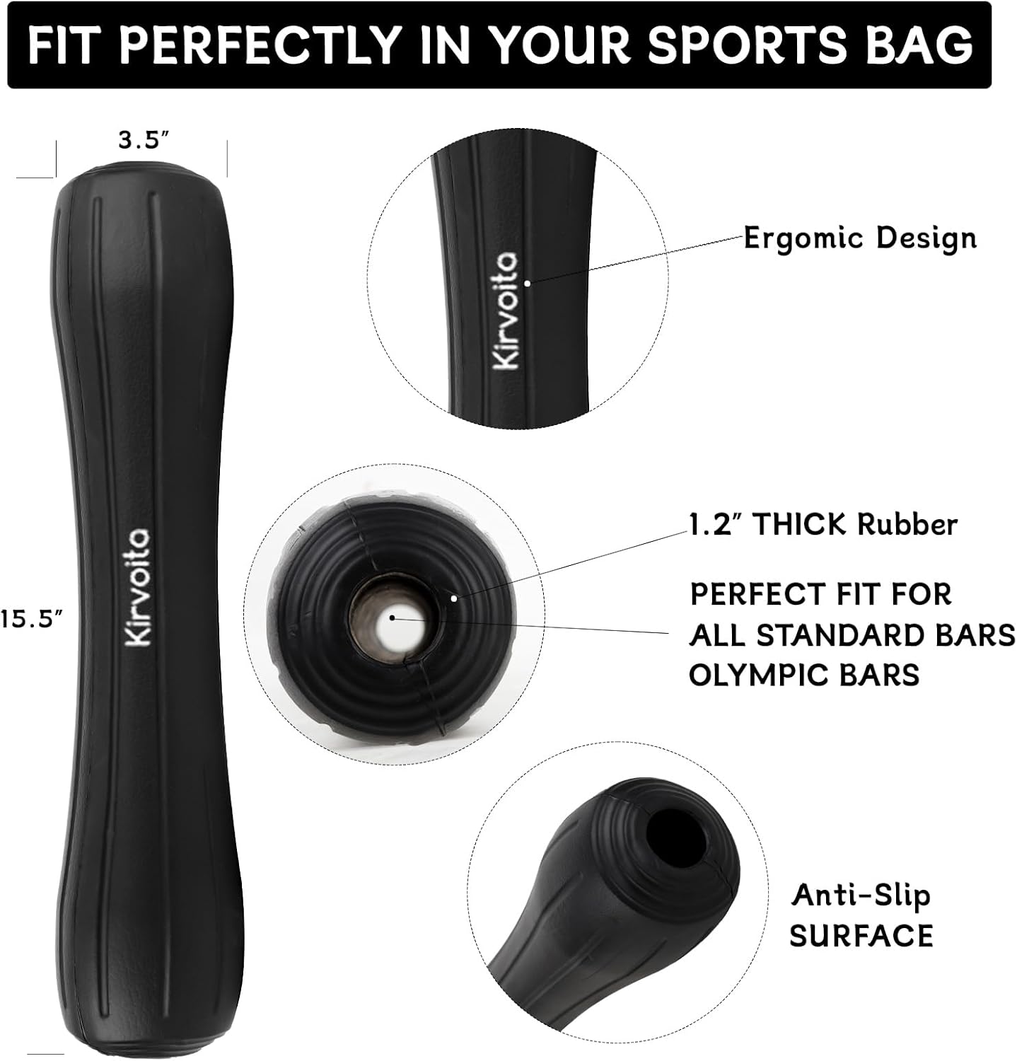 Rubber Barbell Pad - Squat & Hip Thrust Pad | Easy Installation, No Straps Needed, 15.5" x 3.5" x 3.5", Black